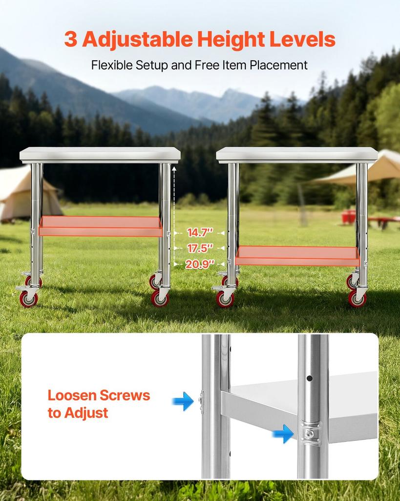 Stainless Steel Table, 60 X 90 Cm Food Prep Worktable with Wheels, Kitchen Prep Table with Adjustable Undershelf Workstations for Commercial Kitchen,