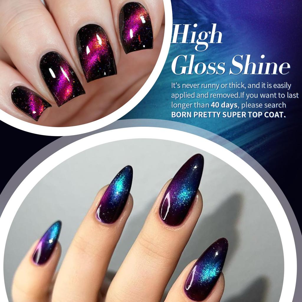 BORN PRETTY Cat Eye Nail Polish Holographic Chameleon Galaxy Magnetic Nail Polish with Black Magnetic Salon Home Gift for Women 5-Color Set,