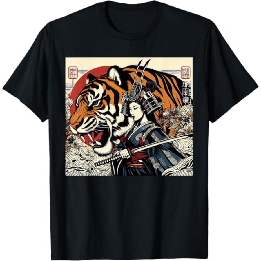 Samurai and Tiger Tattoo with Traditional Japanese Art Girl T-Shirt TiuH Mens Womens Tank Top Sweatshirt Hoodie Longsleeve 1483 Black S