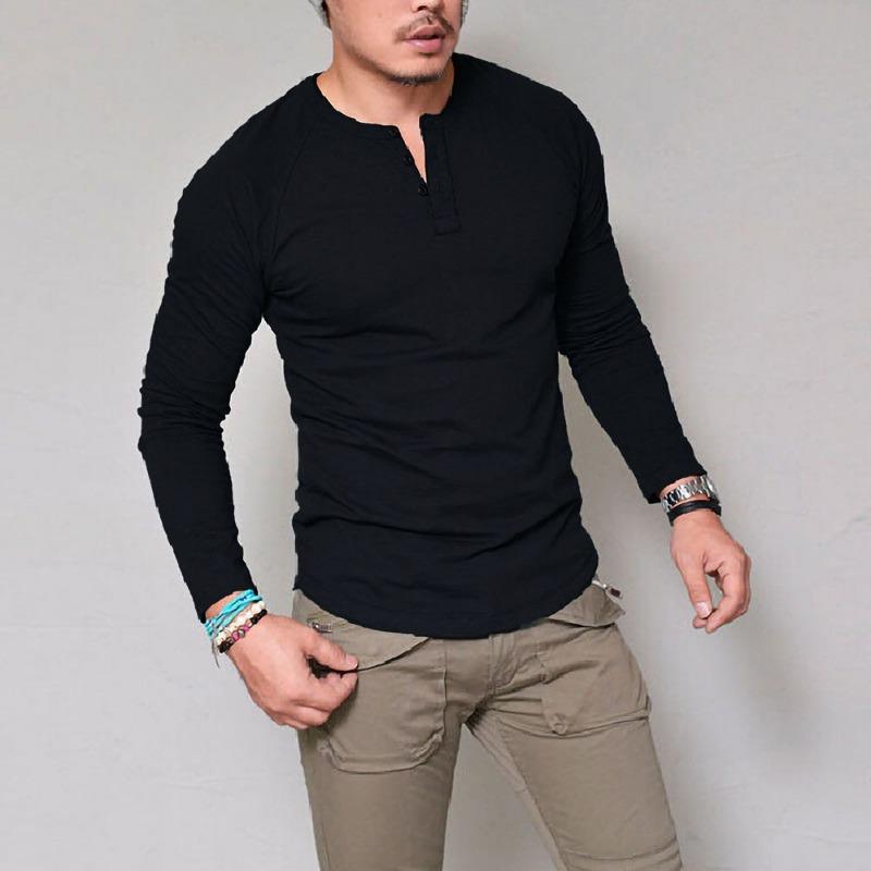 Mens Long Sleeve Henley T Shirt Solid Color Slim Fit Casual