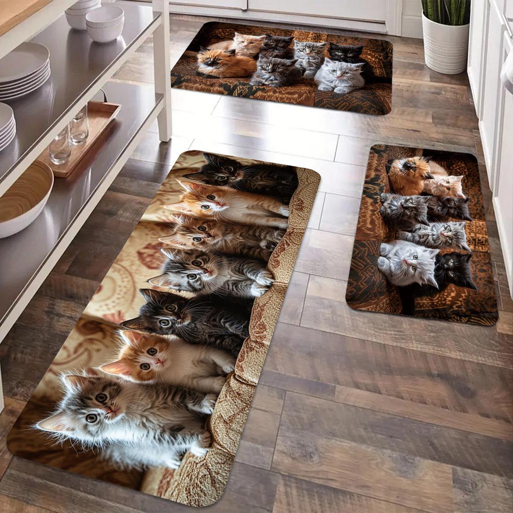 Non-Slip Waterproof Kitchen Mat with Kitten Print - Thick Cushioned Anti-Fatigue Comfort, Heavy Duty, 60cm X 180cm