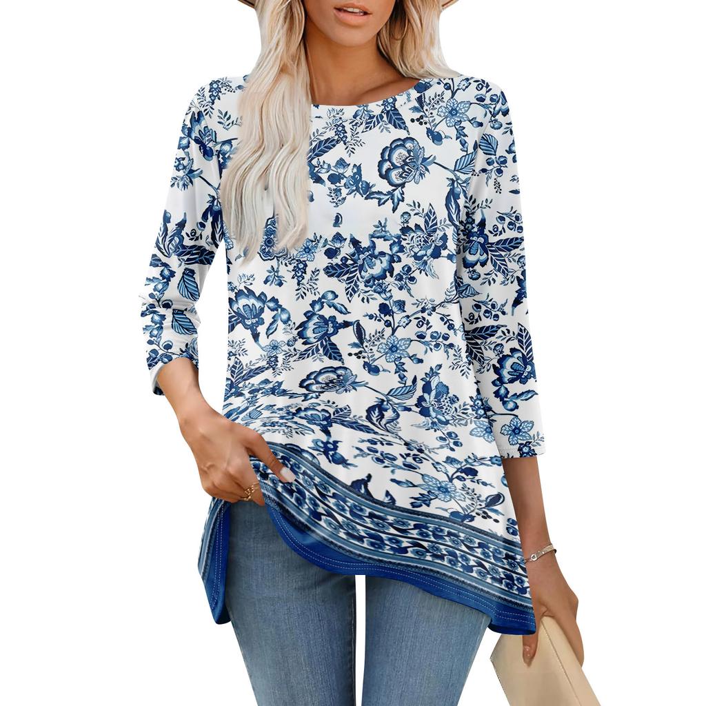Tunic Tops For Women Loose Fit Prints Tops 3/4 Length Sleeve Womens Tops With Asymmetrical Hem