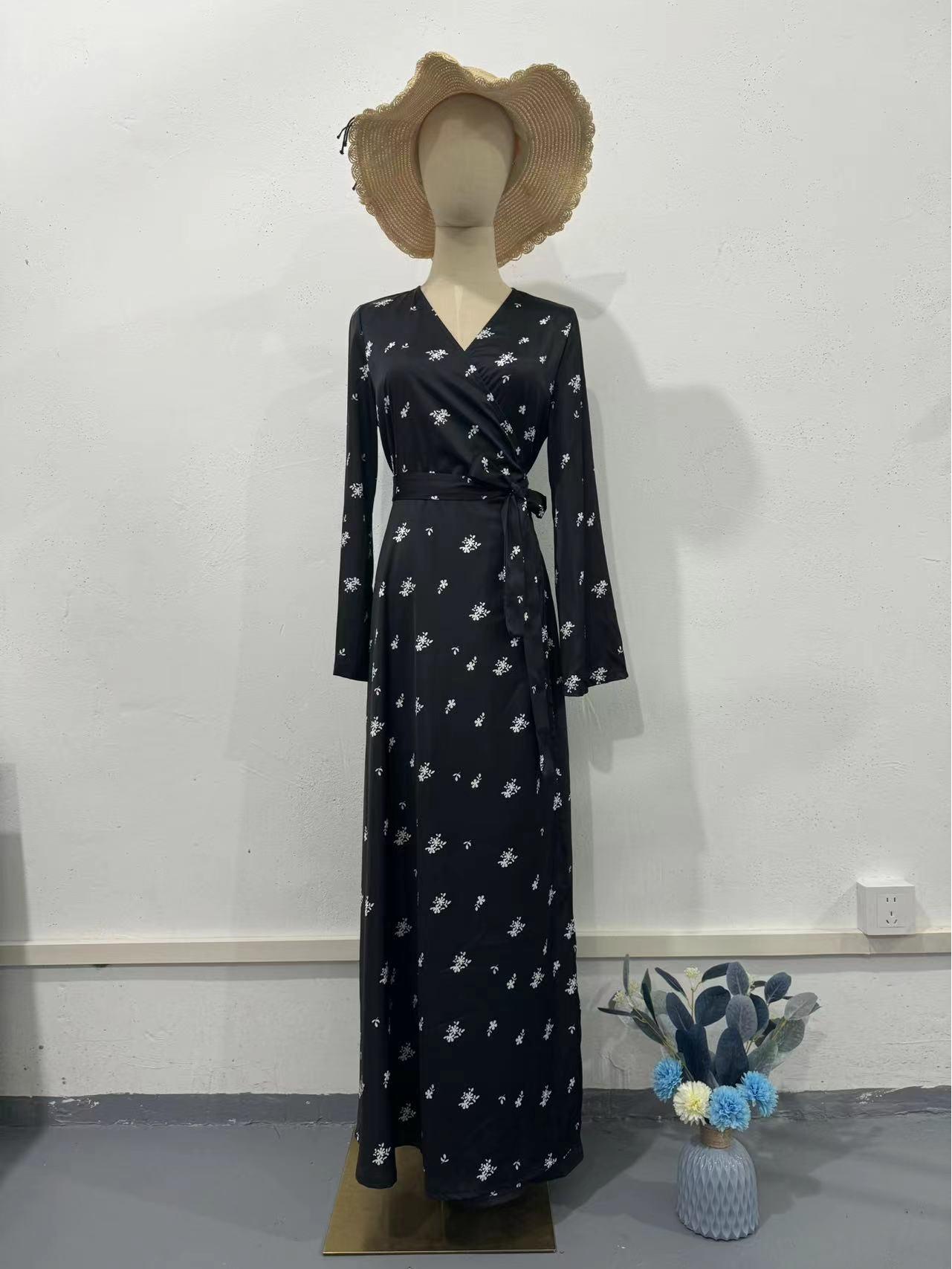2024 Women s V-Neck Puff Sleeve Floral Dress - European Spring Style Medium чёрный
