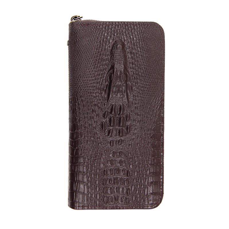 

Мужской клатч-кошелек большого объема с тиснением под аллигатора, на молнии темный кофе