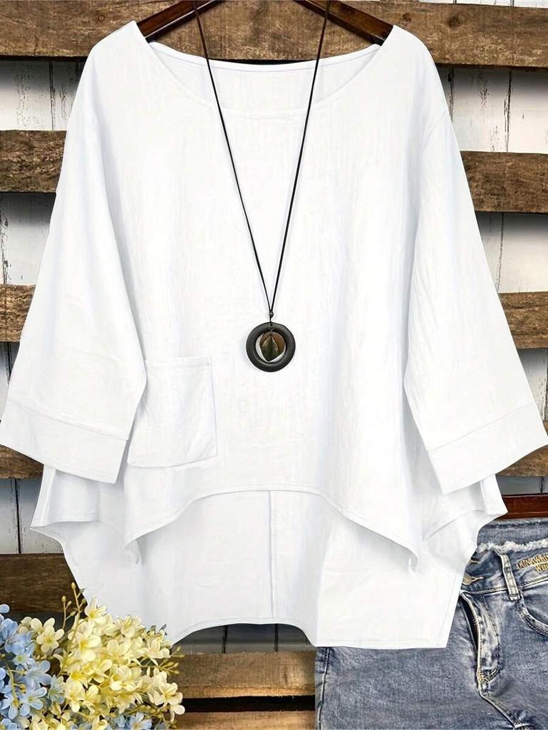 2025 Summer Fashion Plus Size Women's Round Neck Pocket Solid Color Irregular T-Shirt