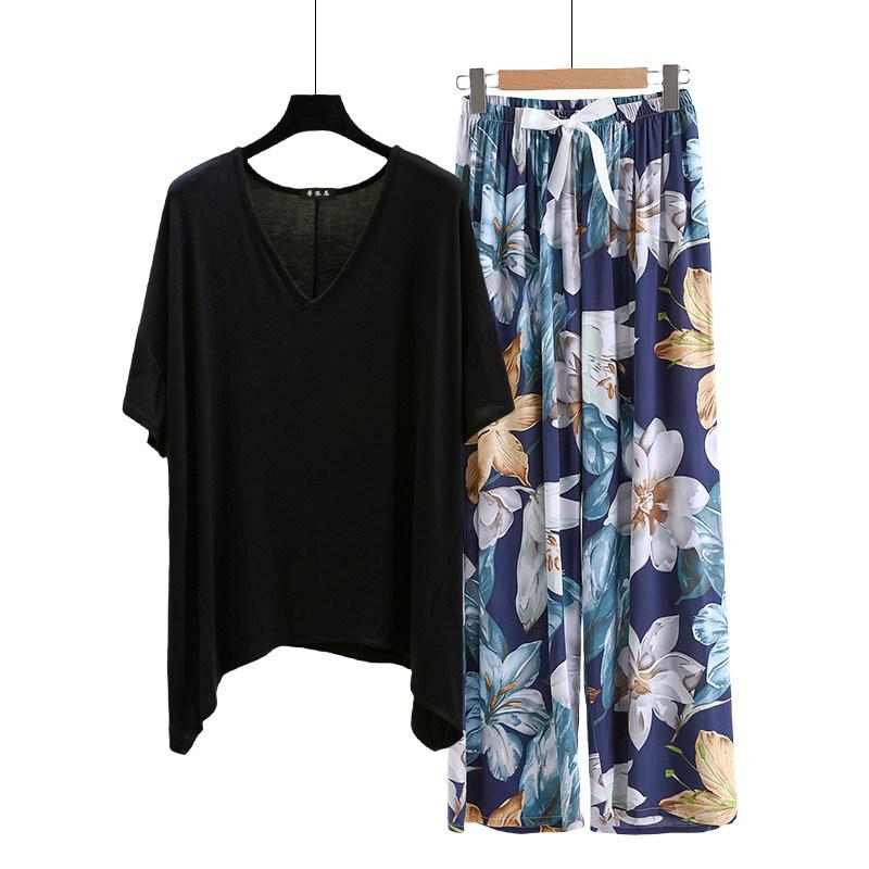 irregular Tshirt and floral wide leg pants summer women's casual pajamas sets Short sleeve homewear suit Loose lightweight Loungwear Plus size