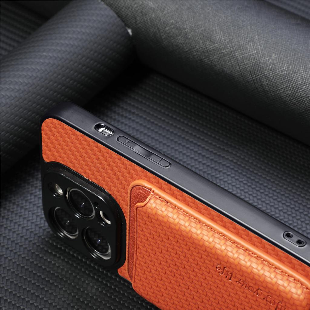Applicable To IPhone16 Pro Mobile Phone Case, Carbon Fiber Pattern Imitation Leather 14/13 Magnetic Card Bag, Apple 15 Protective Case