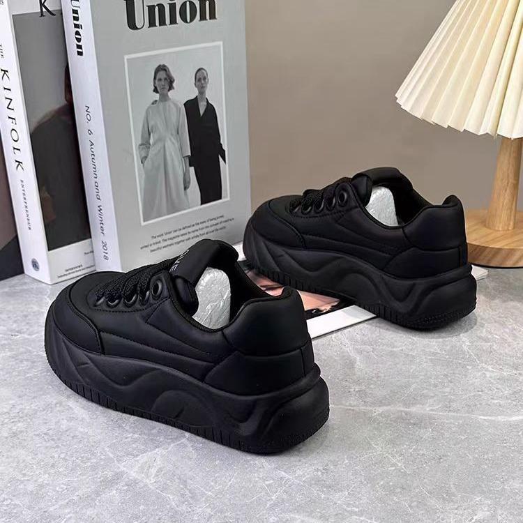 ins trendy full leather casual board shoes velvet autumn and winter heightening thick-soled small muffin shoes