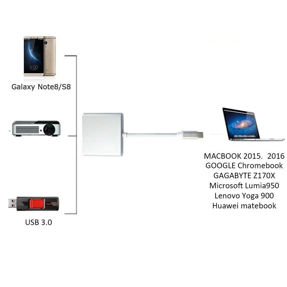 3v1 USB 3.0 nabíjecí adaptér kompatibilní s USB-C na HDMI, USB-C 3.1 Hub pro Mac Air Pro, Huawei Mate10, Samsung S8 Plus