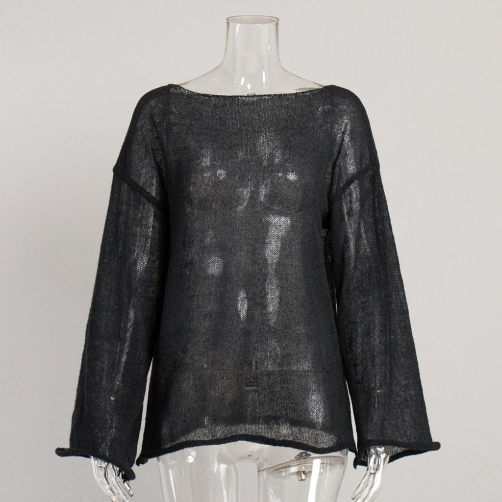 Hollow Knitted Shirt Spring/Summer Perspective Thin Large Round Neck Trumpet Sleeve Knitted T-shirt