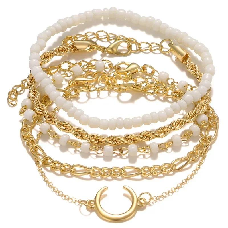 5pcs/Set Vintage Gold /Copper Color Simple Design Multielement Crystal Bracelets Set for Women Adjustable Bangle Zircon GIft