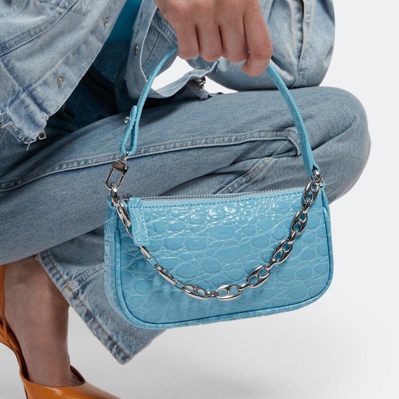 By Far Mini Rachel Leather Vintage Crocodile Pattern Embossed Chain Underarm Bag Women Shoulder Bag Blue 21SSMIRALGNCCESMA