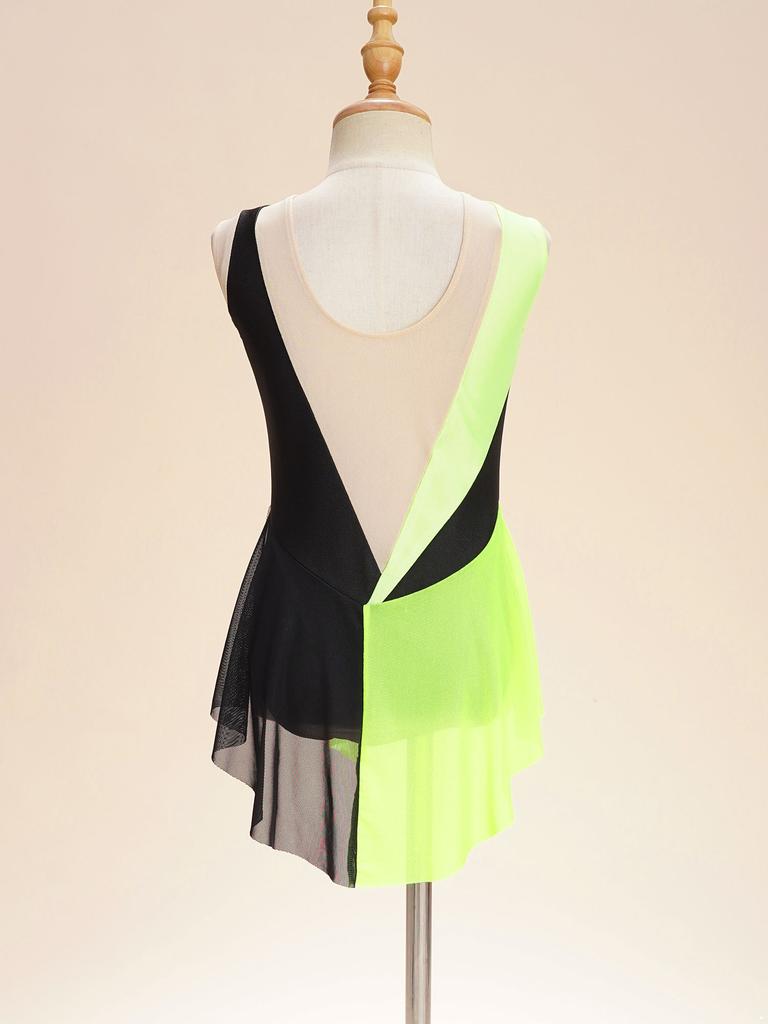 Κοριτσίστικο Λαμπερό Στρινγκ με Στρας Χρωματική Μπλοκ Διχτυωτό Κομμάτι Αμάνικο Μποτιέ Χορού Γυμναστικής