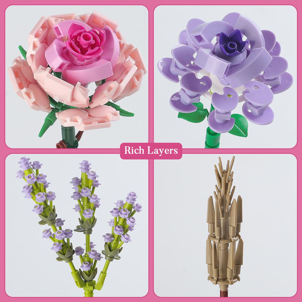 Buchet de Flori Mini Trandafir Roz Lavandă 547 buc Seturi Blocuri de Construcție Decor Creativ pentru Casă Seturi Jucării Cadouri Aniversare cu Cutie