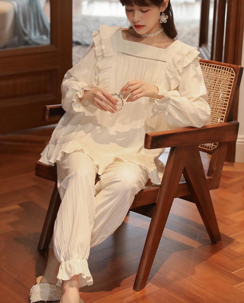 Lolita Long Sleeve Pajama Set Pants White Cosplay Ruffles White [Lady Lazy] (L)