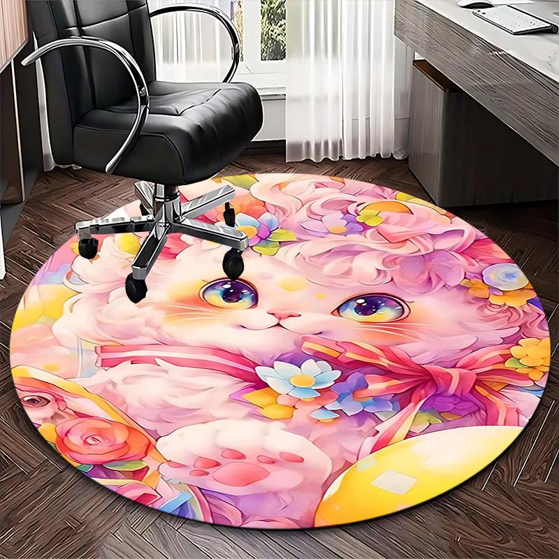 1pc Anime Design Flower Cat Round Carpet Office Chair Mat, Non Slip Rug for Home Decor, Living Room, Bedroom, Game Room, Festival Gift