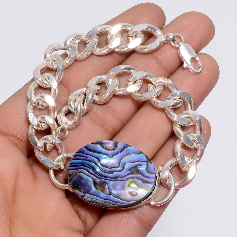 Fabulous Top Grade Qualite 100% Natural Abalone Shell Oval Shape Ethnic Style Handmade Jewelry 925 Steling Silver Plated Bracelet 8" WSJ4675