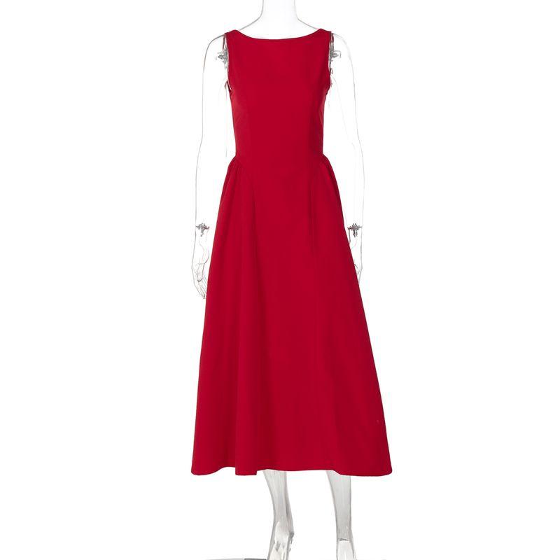 

Shemoda Fashion Style round Neck Sleeveless Dress Women s High Waist Silm Sexy Open Back Zipper A- line Long Skirt Red S