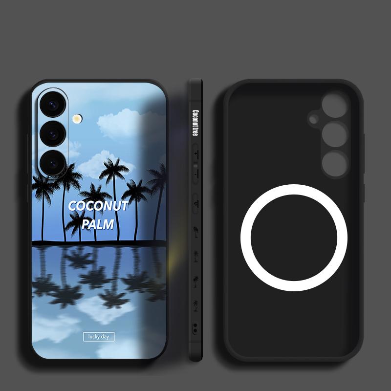 Ink Coconut Print Case For Samsung Galaxy S26 Ultra S25 FE S24 S23 S22 Plus S21 FE Built-in Metal Plate Magnetic Silicone Cover