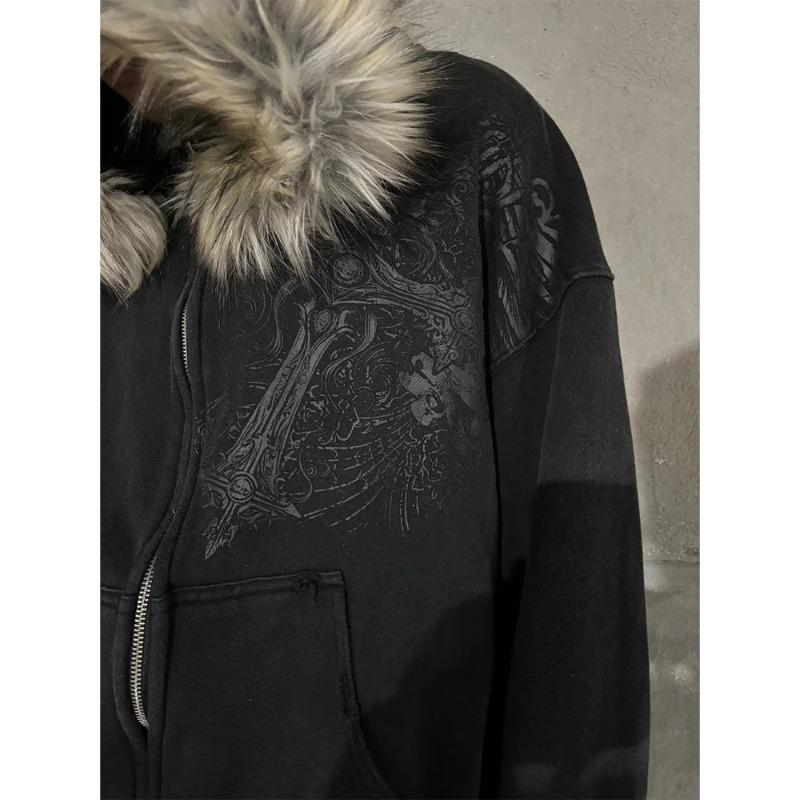 Autumn Winter Y2k Women Aesthetic Harajuku Faux Fur Collar Hoodies Clothes Graphic Hip Hop Punk Gothic Zip Up Hoodies