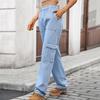 Women's Elastic Waist Straight Leg Long Denim Cargo Pants Street Style Washed Denim Cargo Trousers