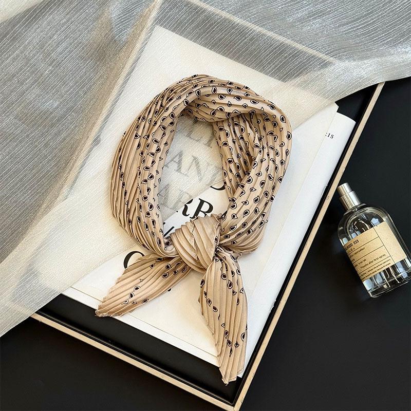 Wrinkled square scarf women's new imitation silk printing silk scarf high-end headscarf headband pleated small scarf shawl