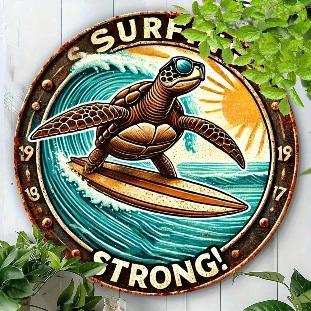 8 Inch Retro Metal Tin Sign Surfing Sea Turtle Vintage Round Wall Art Decor Living Room Beach House