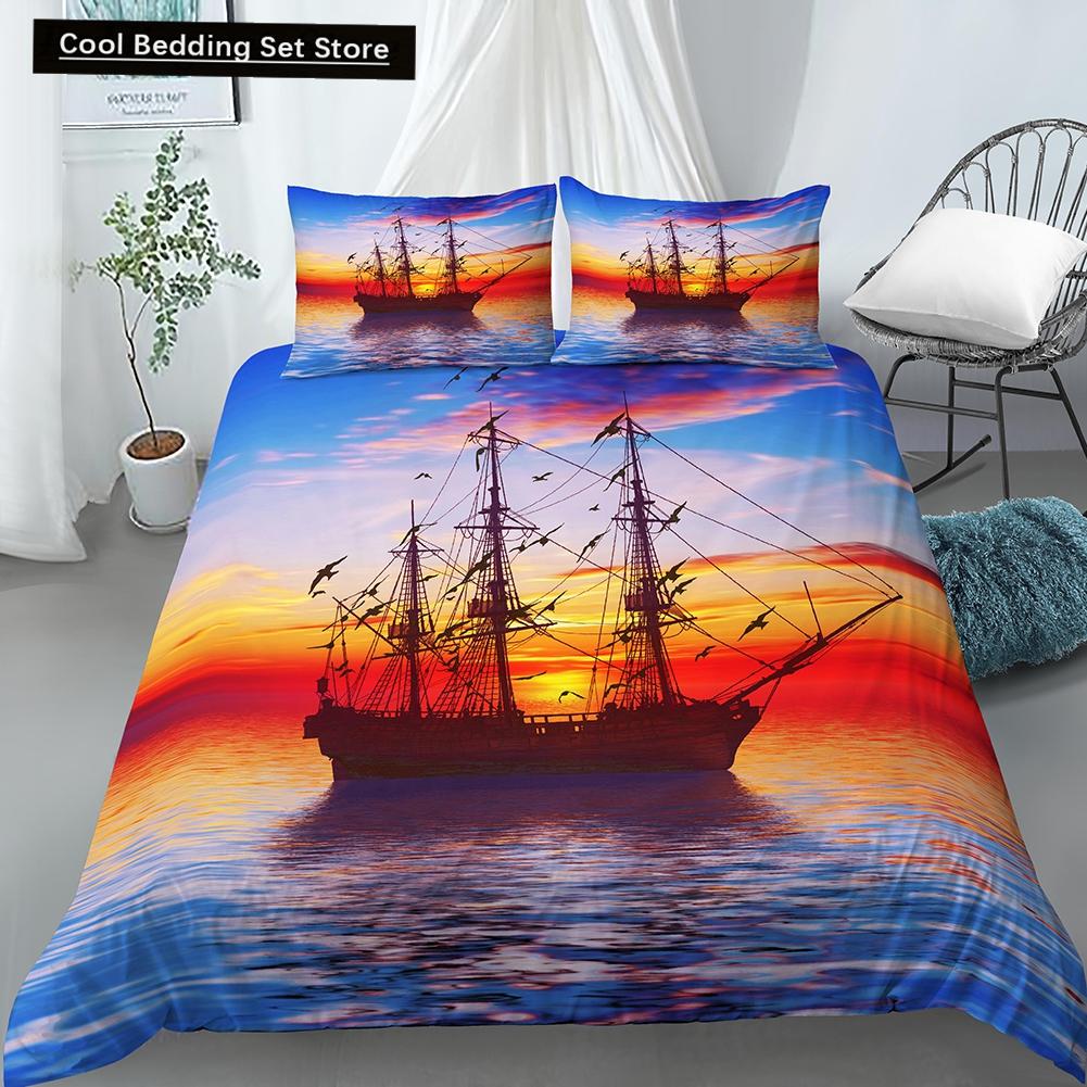Nautical Sailboat Duvet Cover Queen King Size 3D Oil Painting Boat Style Bedding Set Ocean Soft 2/3pcs Polyester Quilt Cover