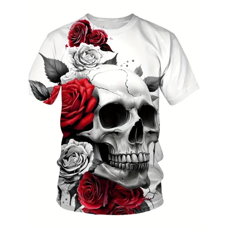 Men S 3D Unique Floral Skull Print T-Shirt, Casual Round Neck Short Sleeved T-Shirt S