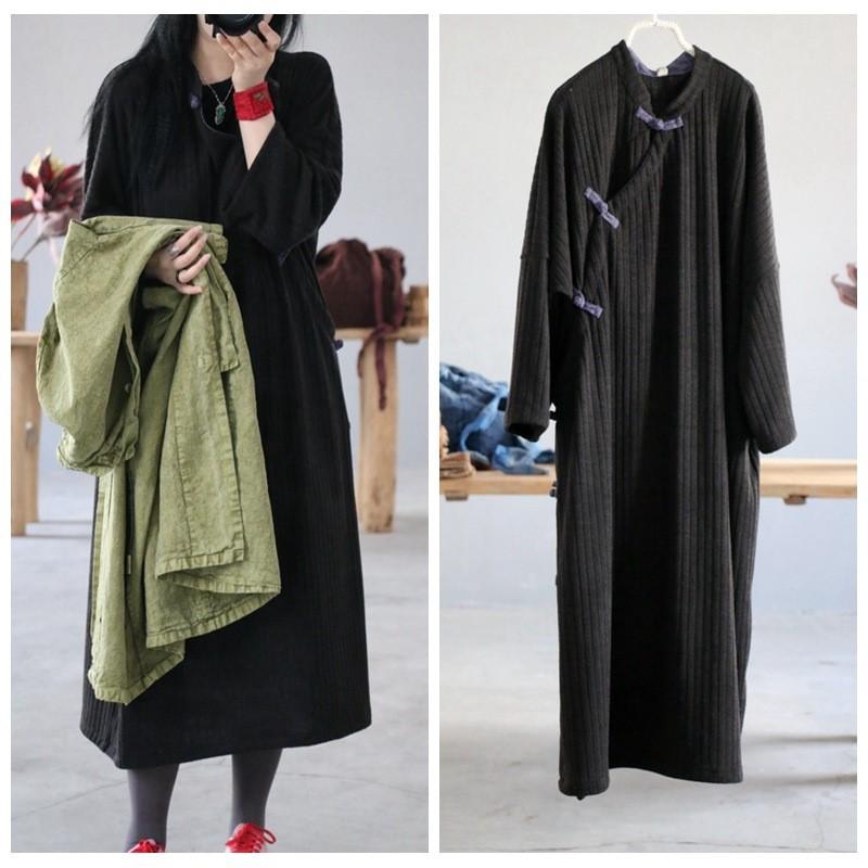 Johnature Women Vintage Cotton Stand Button Dresses Autumn Long Sleeve Chinese Style Robes A-Line Soft Dresses