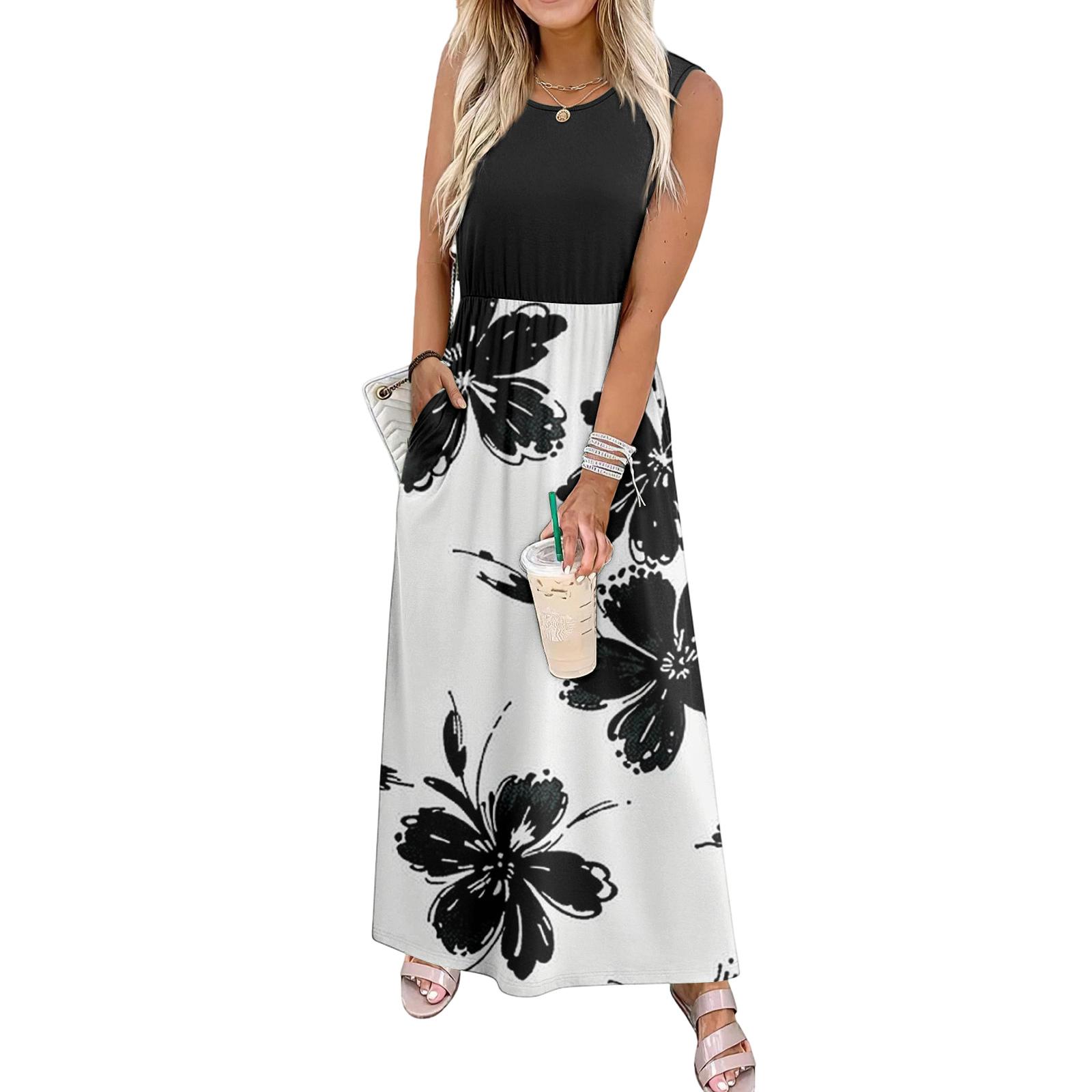 

Sleeveless Floral Print Casual Dress for Women Waist Cinched Crew Neck Tank Long Maxi Dress for Daily Wear Vacation M