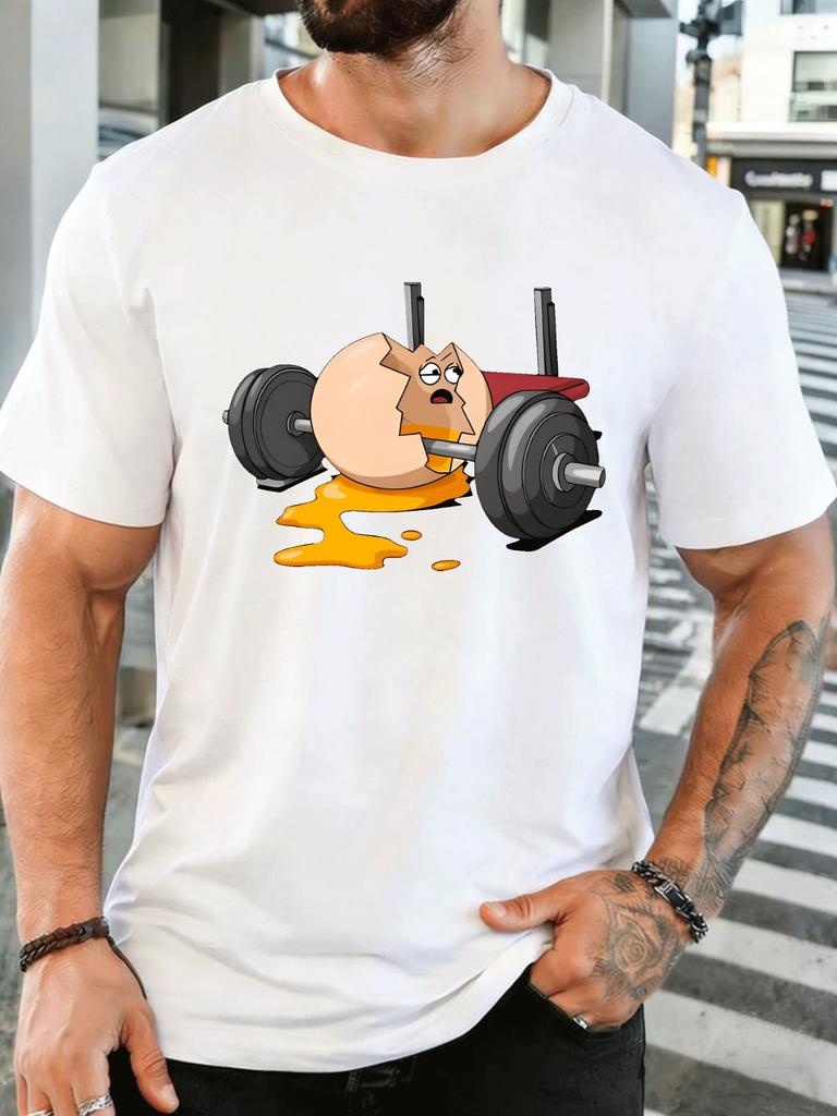 Unisex Short Sleeve T Shirt Cracked Egg Barbell Graphic Tee Funny Print Tops Summer Soft Cotton Casual Street Wear For Adult Male