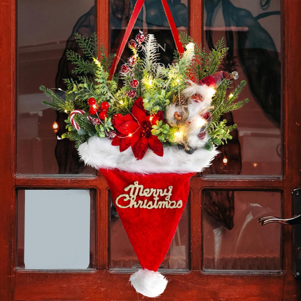 Christmas Artificial Pine Needles For Front Door Hat Pendant Santa Door Hanging Wreath Christmas Tree Decoration Xmas Ornaments