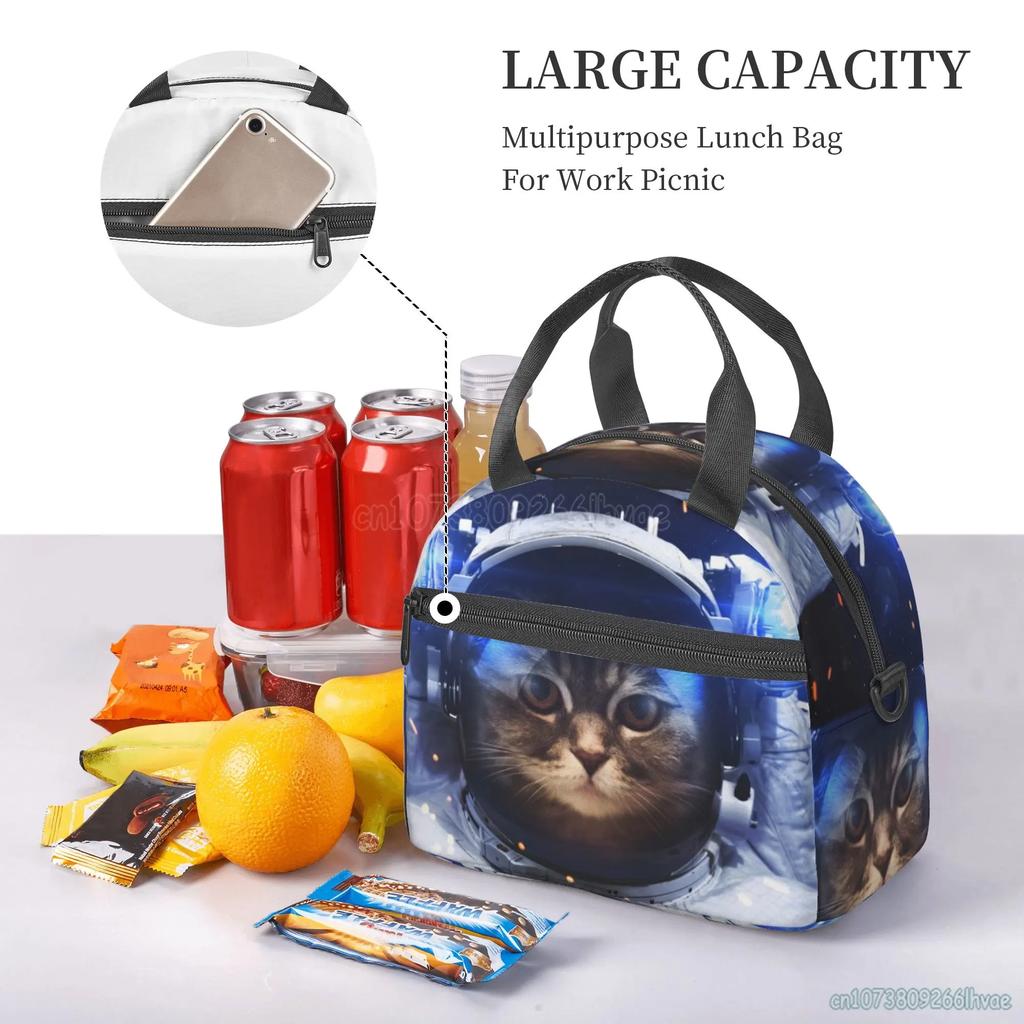 Space Cat Astronaut Lunch Box Insulated Lunch Bag Boys Cooler Tote Girls Shoulder Strap Reusable for School Picnic Travel Office