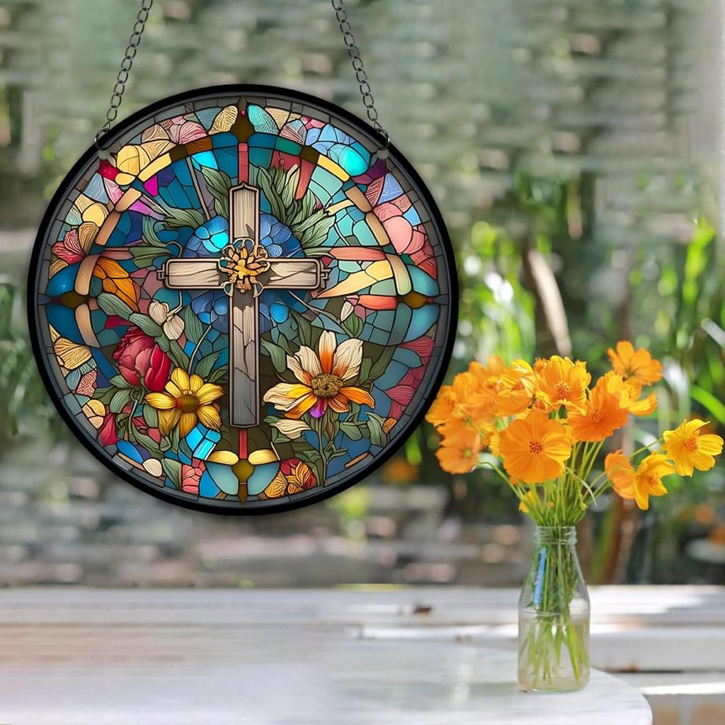 HOTIYOK God Bless Acrylic Window Hanging Vintage Cross Stained Wall Decor, Ideal Housewarming Gift, Home Decor for Mom Grandma Wife Teacher