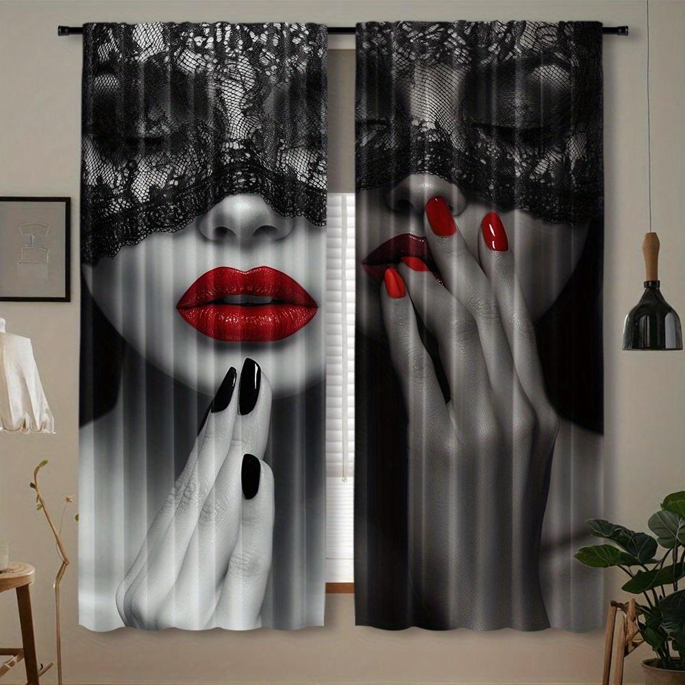 Black Lace Woman Curta Red Lips Art Print Window Drapes Gothic Fashion Home Decor Living Room Bedroom Sexy Style Elegant 53x116CM-2PC