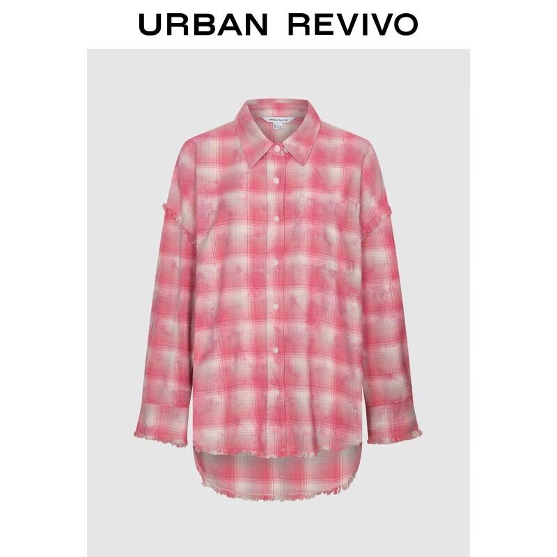 UR2025 Women s Fringed Color-Block Plaid Cardigan Shirt S