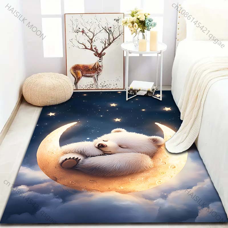 Kleiner Bär schläft auf dem Mond Druck Teppich für Schlafzimmer Wohnzimmer Bettseite Sofa Bodenmatte Moderne Heimdekoration Bereichsteppich Geschenke