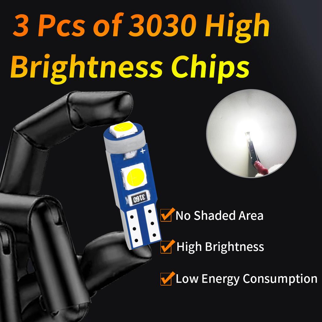 High Brightness 3030 Chips 10Pcs of T5 Led Bulb W3W W1.2W Play and Plug Car Interior Lights Auto Instrument Lamp 12V/24V Dome Lights 6