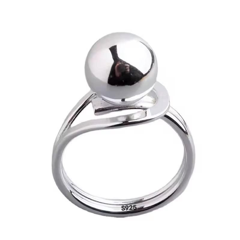 Sam Panda 925 Silver Simple Ring For Women Fine Jewelry Finger Adjustable Open Vintage Big Ball Ring For Party Birthday