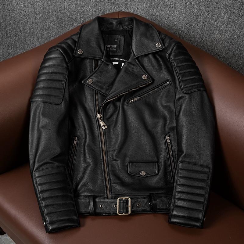 New Trend Genuine Leather Jacket for Men Big Size Motorcycle Coat with Lapel Pure Top Grain Cowhide Autumn