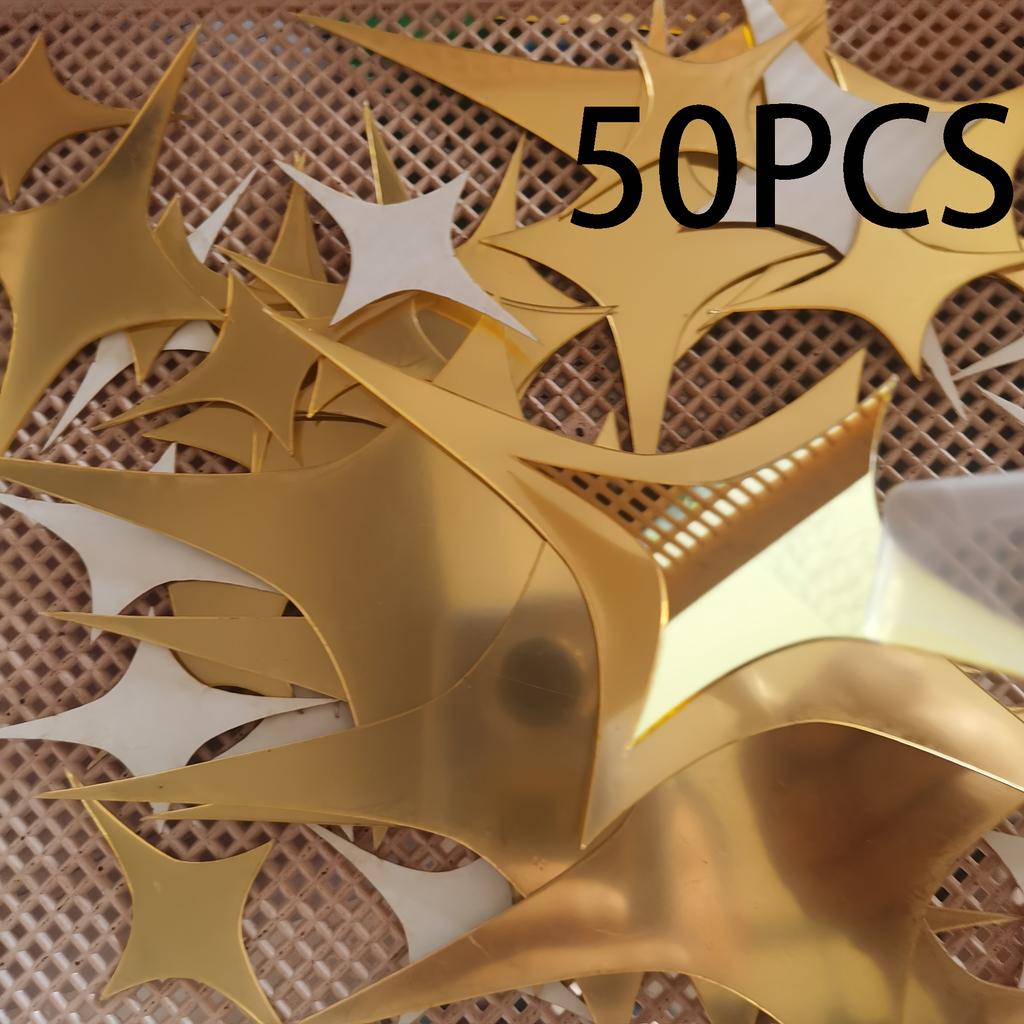 50Pcs Fashionable Removable 3D Star-Shaped Mirror Effect Wall Art Decals Stickers for Home Decor (Color: Silver)
