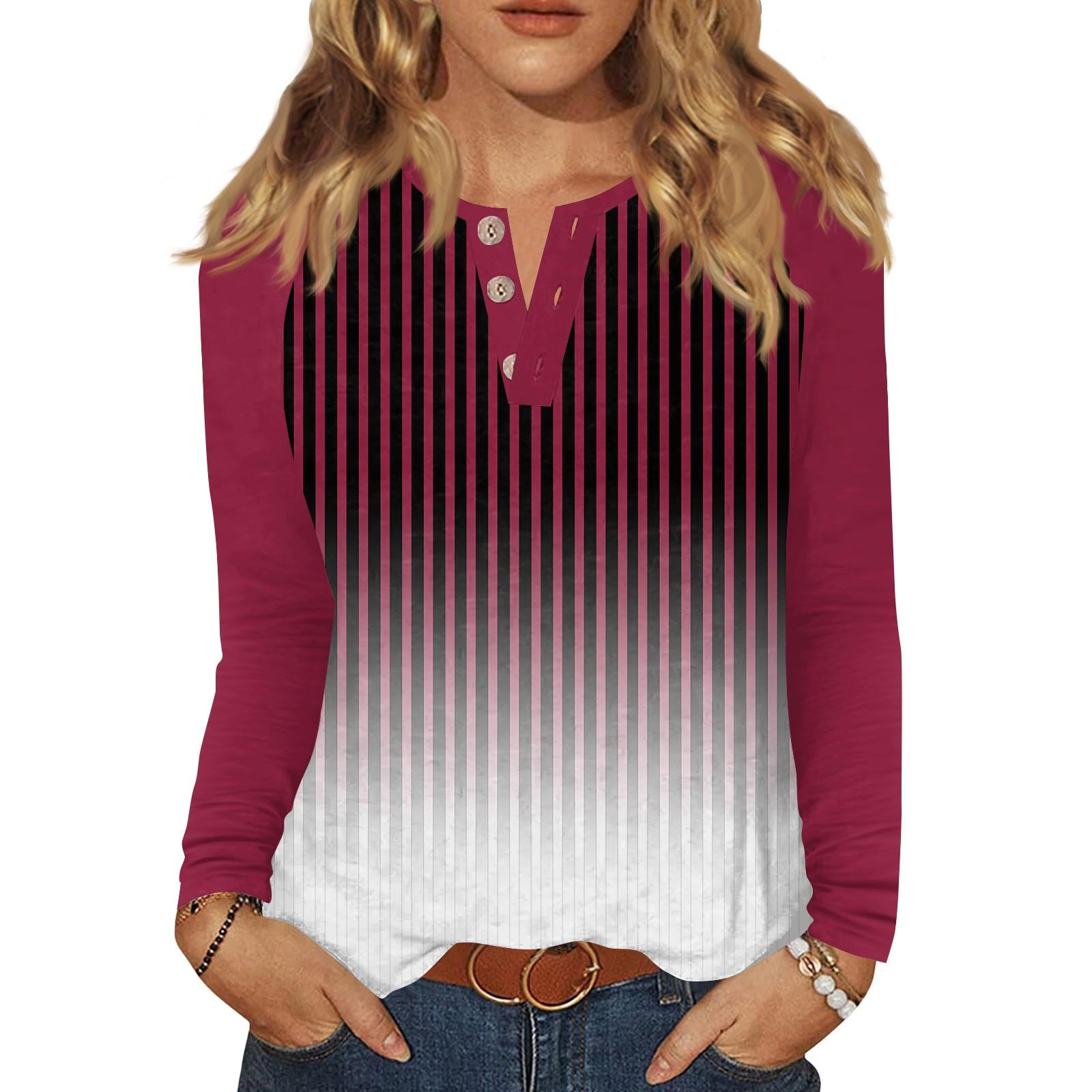 

Женская футболка с принтом, на пуговицах, с длинным рукавом, повседневная, для выходных, модная, базовая, с V-образным вырезом, обычный топ XL винный