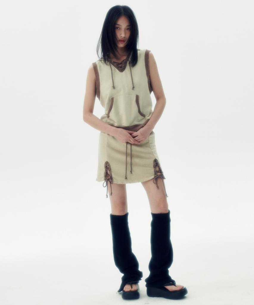 Leoninghai Washed Sweat Mini Skirt [Beige]