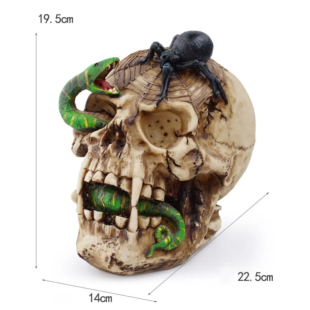 Handgefertigte Totenkopfstatue aus Kunstharz mit Schlangen- und Spinnenmotiv, Totenkopf-Skulptur, für Zuhause, Halloween-Party, Totenkopf-Dekor, Film-Horror-Requisite