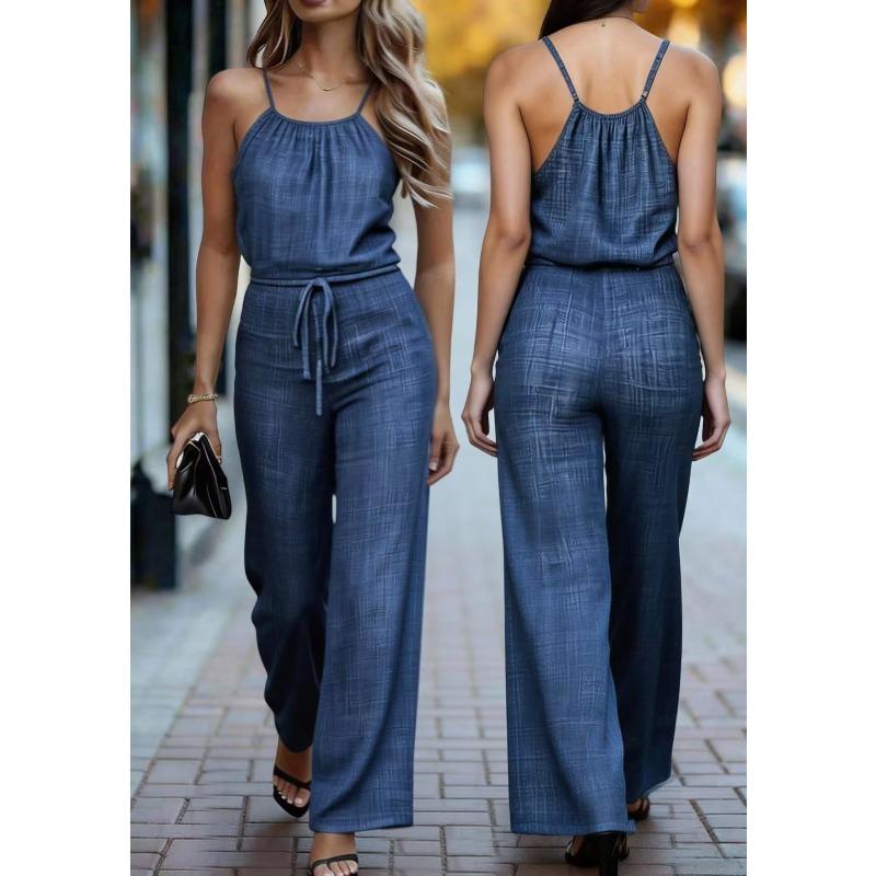 Texture Suspender Dress with Waist-reducing Drawstring Design - Loose-fitting Wide-leg Casual Pants