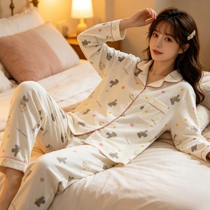 Imitation cotton pajamas women's spring and autumn thin long-sleeved trousers sweet and cute girl raw loungewear