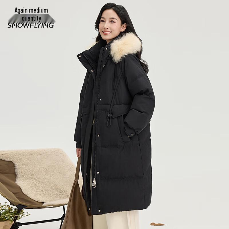Damen-Winter-Daunenjacke in mittlerer Länge mit abnehmbarer Kapuze mit Fellbesatz