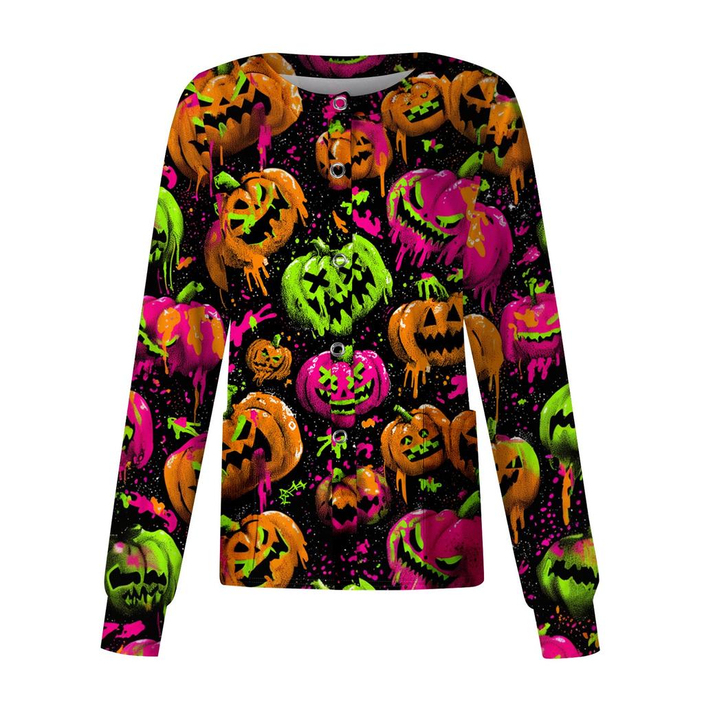 Women's Casual Long Sleeve Single Button Shirt Halloween Pumpkin Print Nurse Uniform Top Comfortable Fit Lightweight Fabric