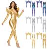Glänzender Metallischer Halloween-Kostüm für Damen S-XL Reißverschluss hinten Leggings Träger Bodycon Jumpsuit mit Offener Vorderseite Langarm Crop Top